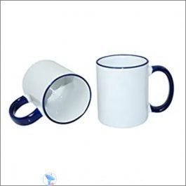 white sublimation mug with blue handle and rim
