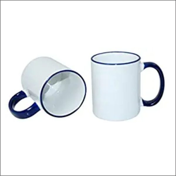 white sublimation mug with blue handle and rim
