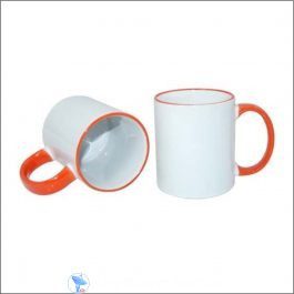 white sublimation mig with orange handle and rim