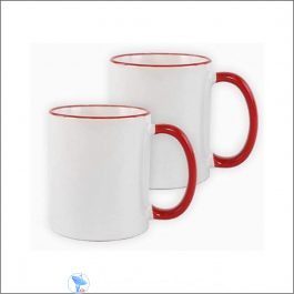white sublimation mug with red handle and rim